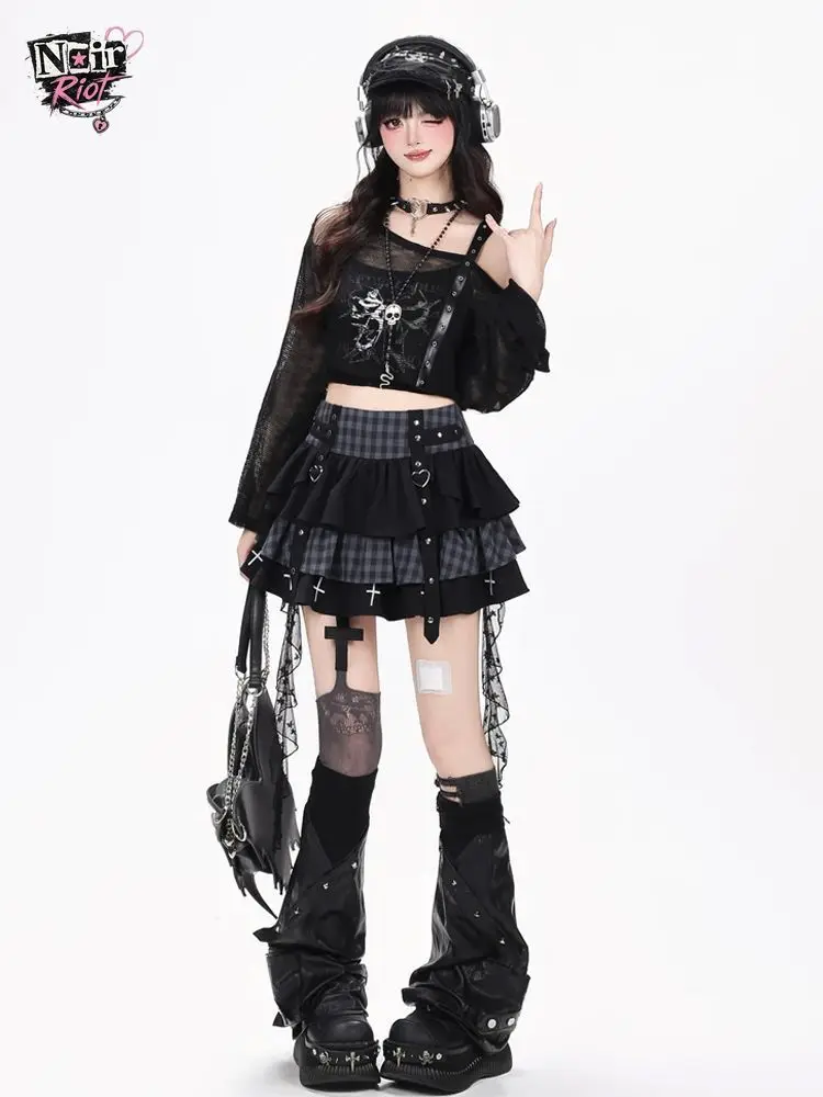 Y2K Punk Gothic Kawaii 3PCS Set Women Skull Print Cross Detail Off Shoulder Mesh Crop Top Plaid Ruffled Mini Skirt Lace Trim