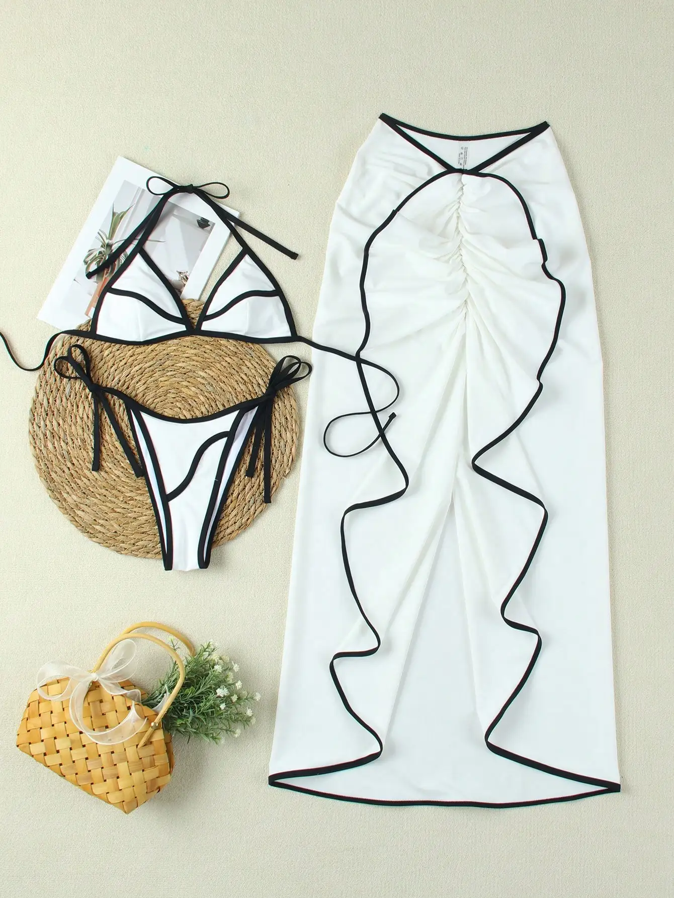 Women's White Bikini Set With Ruffled Skirt Beach Vacation Outfit
