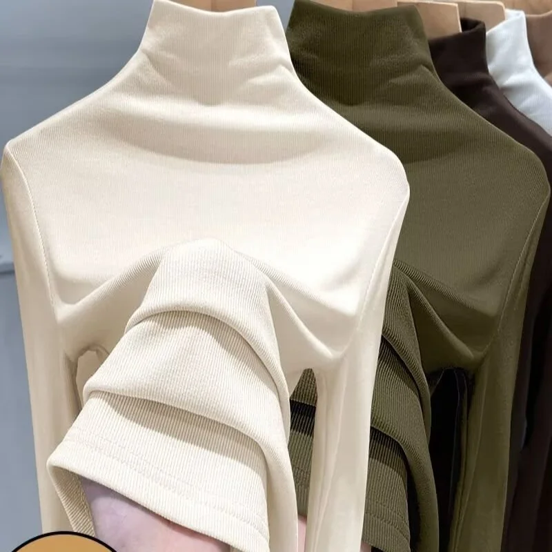 Mid neck semi high neck double-sided German velvet base shirt for women, autumn and winter with velvet inner top 2026 new warm T