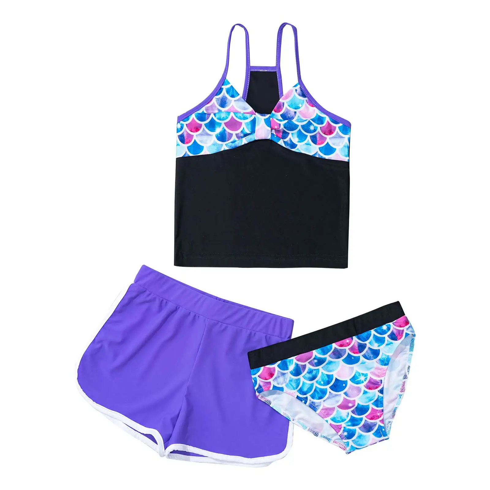 Girls Swimwear Summer Bathing Suit Swimsuit Kids Stretchy Print Swimming Tops with Briefs+Shorts Quick Dry Beach Bikini Set Wear