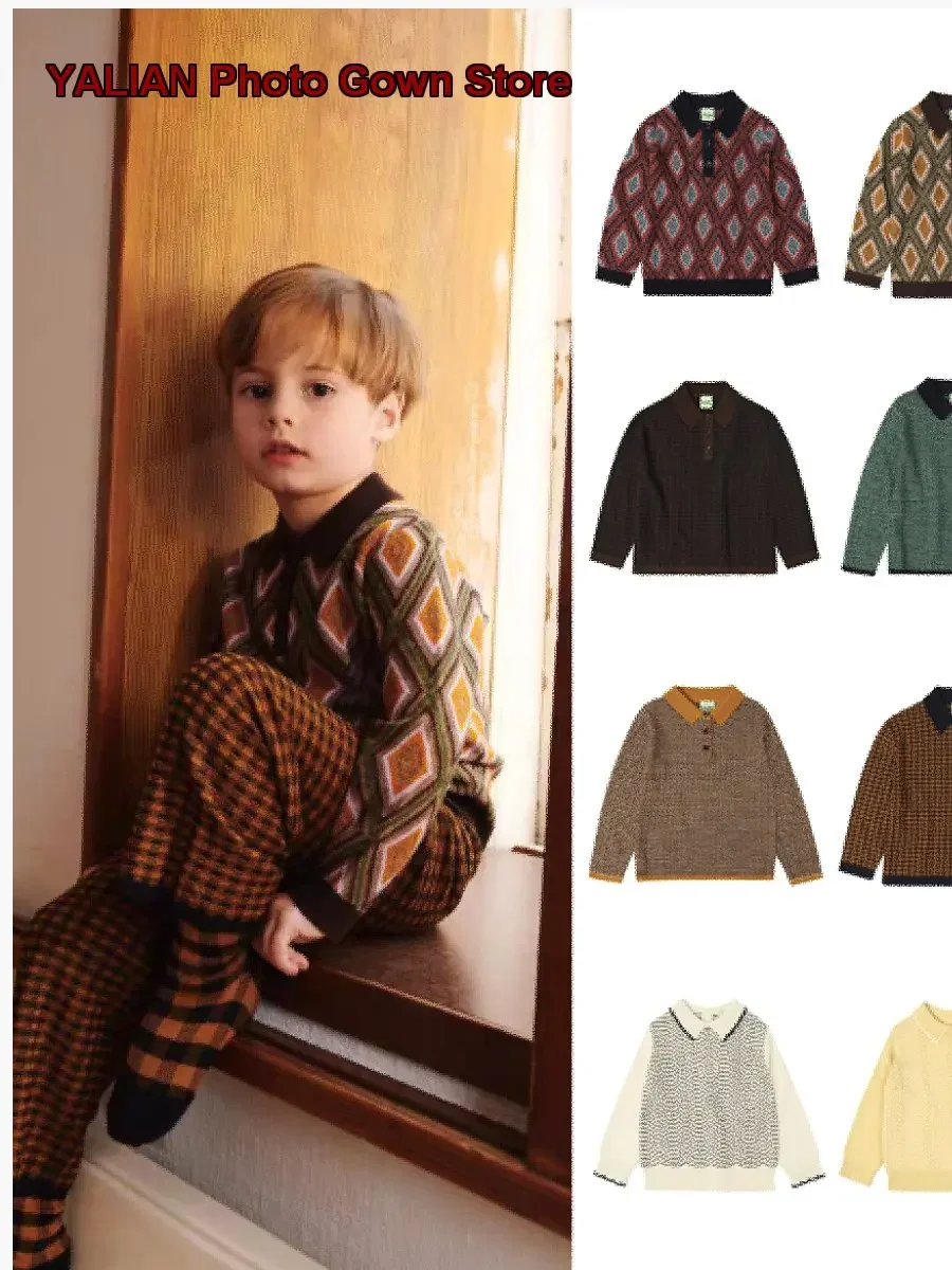 Boys Girls Newborn Merino Long Sleeves Plaid Fold Collar Knit Autumn Winter