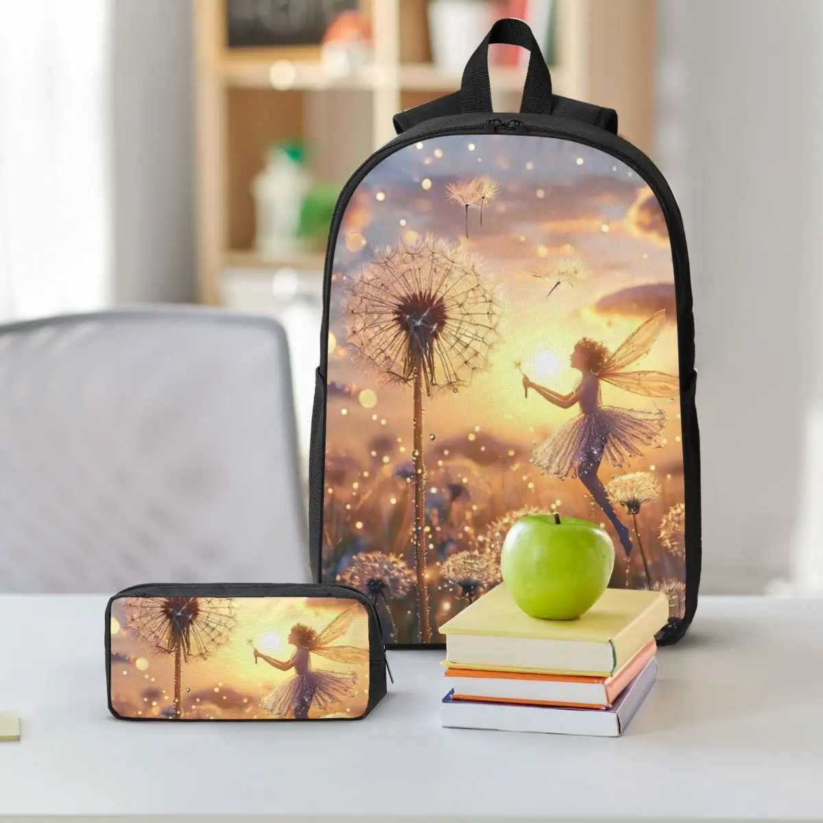 Dandelion Flower Watercolor Elf Girl Backpack Student BookBag School Bag Shoulder Bags 3ps Insulated Lunch Bag Pencil Case
