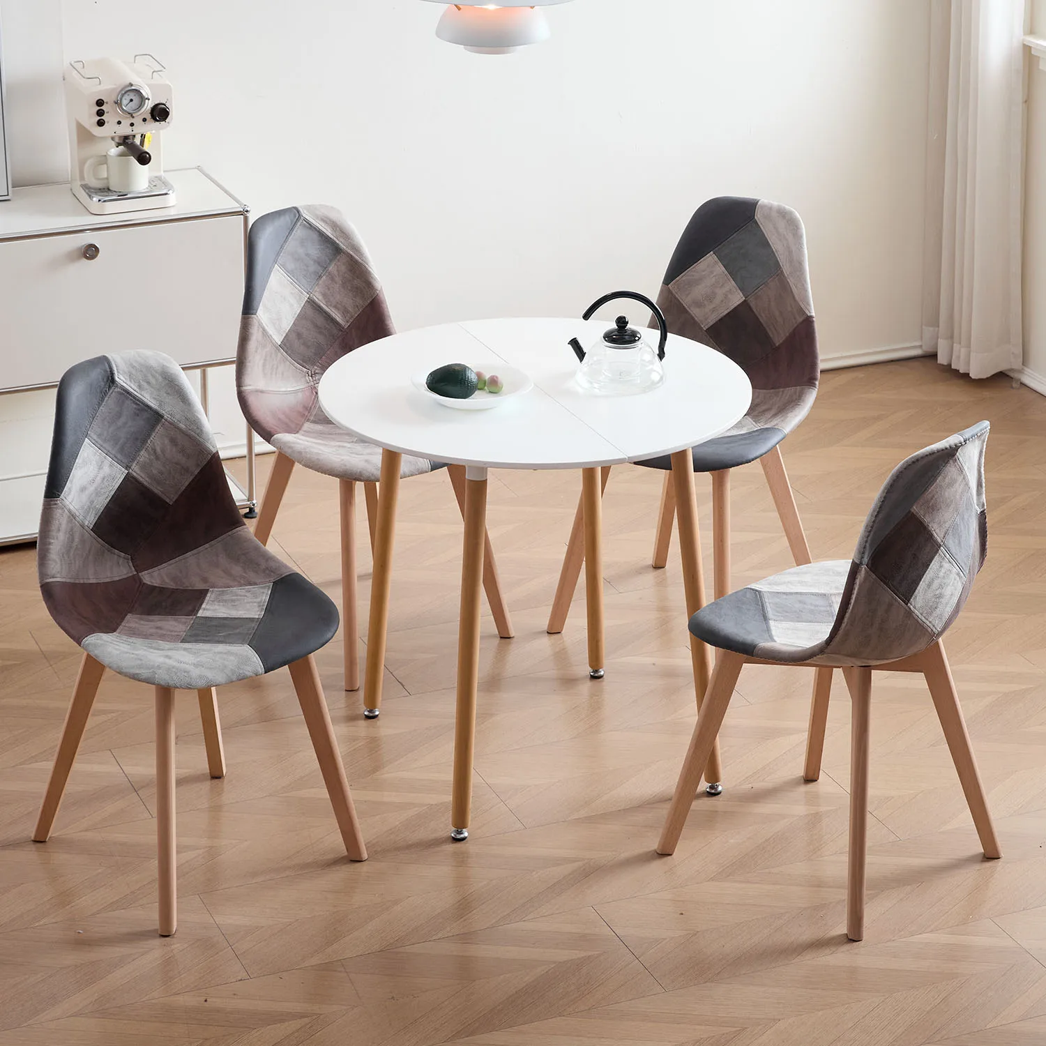 GrandCA HOME 4-teiliges Set Nordische Mittelalterliche Esszimmerstühle mit Buchenholzbeinen und Patchwork-Stoff für Küche, Esszimmer, Wohnzimmer – Detail 1