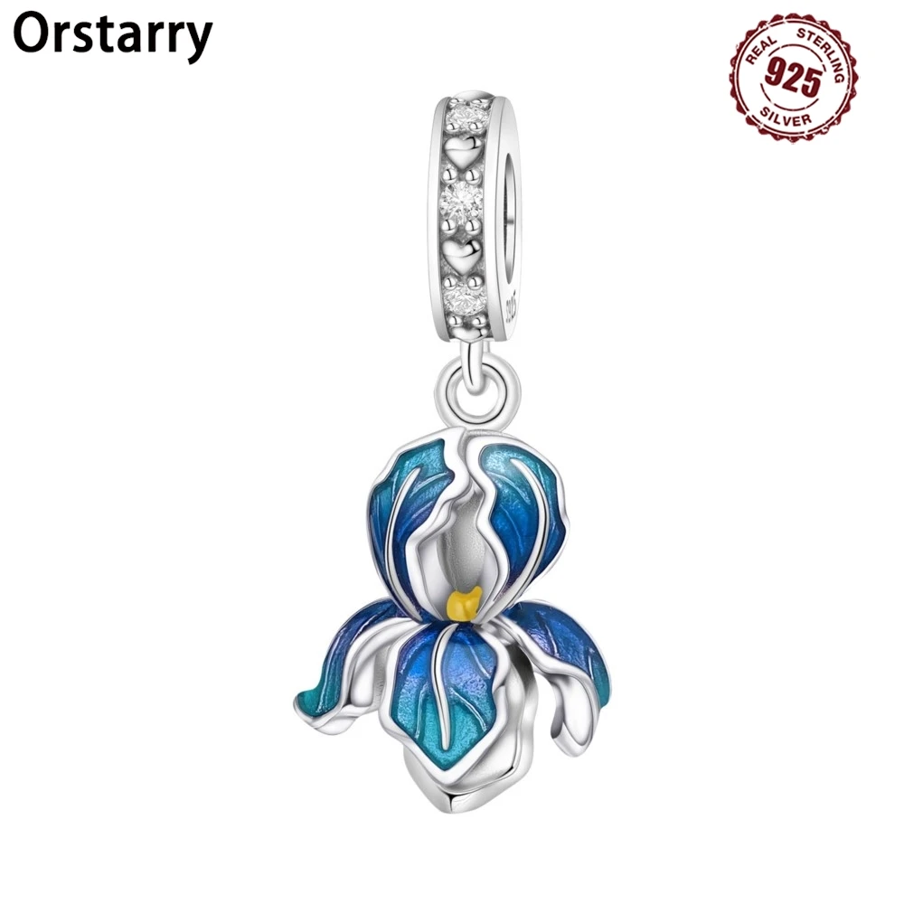 Orstarry 925 Sterling Silver Blue Iris Flower Pendants Bracelet Charms Fit Women Jewelry Party Beads DIY Trendy Gifts