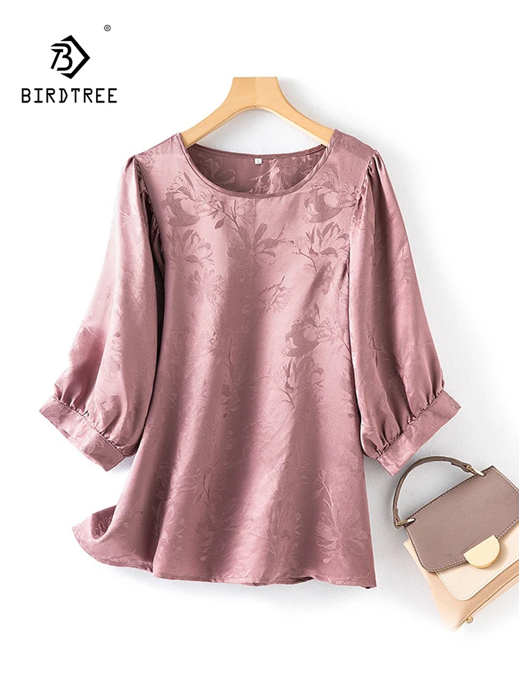 BirdTree, 100%Real Silk Elegant T-Shirt, Women O Neck Lantern Sleeve Jacquard, Temperament Retro Tops, 2024 Summer New T45367QC