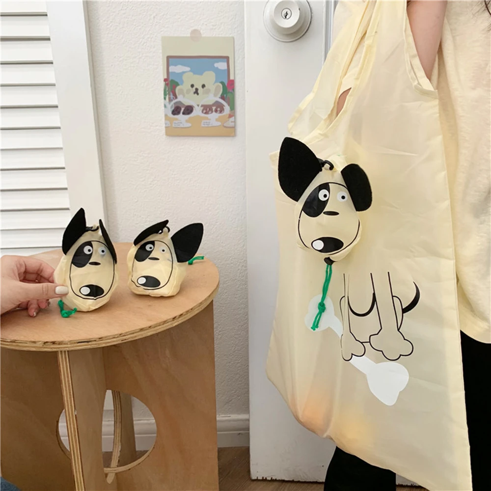 Foldable Shopping Bag Reusable Travel Grocery Bag Eco-Friendly One Shoulder Handbag for Travel Cartoon Puppy Storage Tote Bag