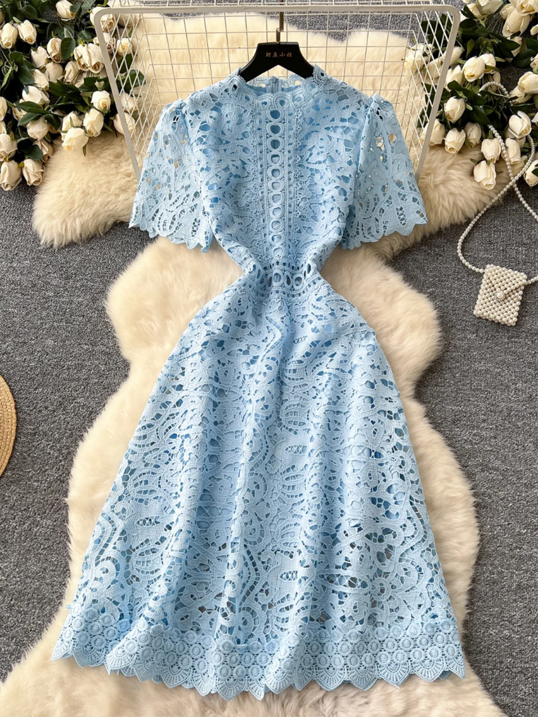 

Croysier Wedding Guest Dress Woman Fashion Cutwork Crochet Bohemian Midi Dress Round Neck Short Sleeve Elegant Dresses For Women