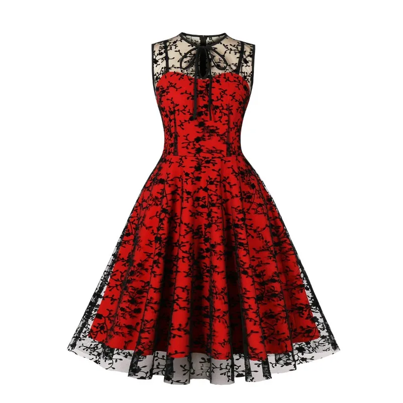 2024 New Hepburn Women Vintage O Neck Mesh Bow Embroidery Swing A Line Dress 50s 60s Cocktail Party Retro Sukienki średniej długości