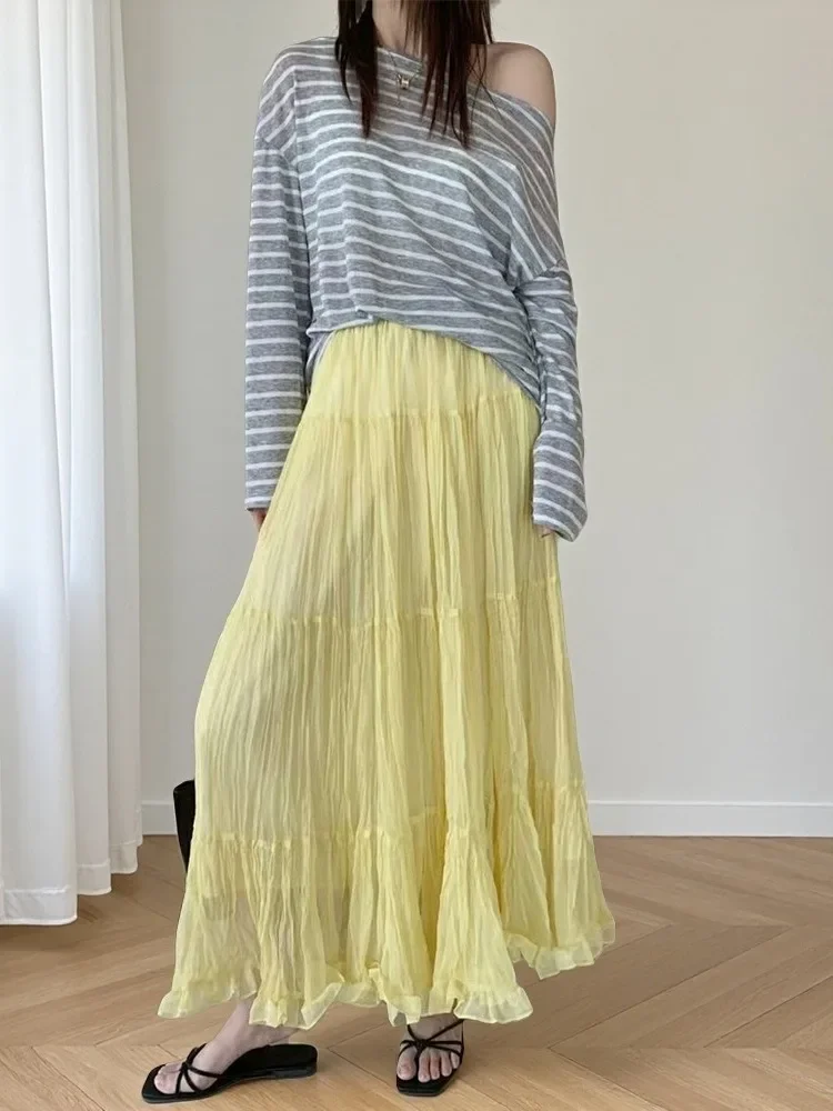 Süßer Seidenfaltenrock, Sommer, mittellanger Rock, Damen, elastisch, hohe Taille, Rüschen-Design, A-Linien-Röcke, Weiß, Schwarz, Gelb, Blau