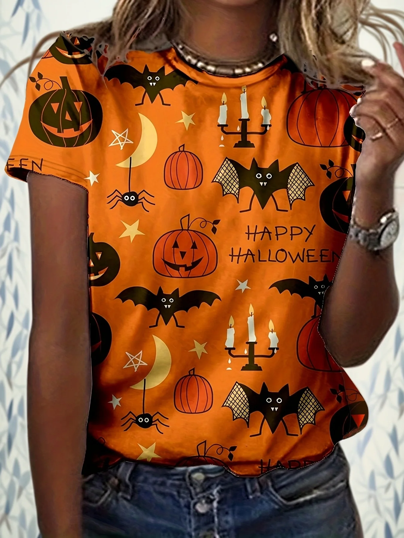 Women Orange Crewneck T-shirt Halloween Pumpkin Bat Spider Moon Candle Print Short Sleeve Holiday Casual Tops