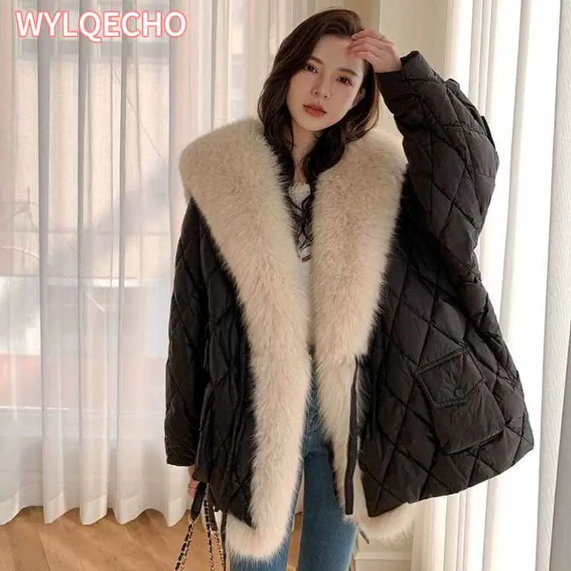 Jaqueta puffer fofa para mulheres, casaco de luxo grande, gola de pele de raposa falsa, pena solta, parka feminina, outwear de neve, à prova de vento, inverno, 2023