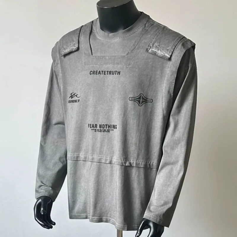 Spring Autumn Plus Size Fake Two Piece Workwear Long Sleeved T-shirt for Men Niche Hip Hop Functional Style Foldable Loose Tops