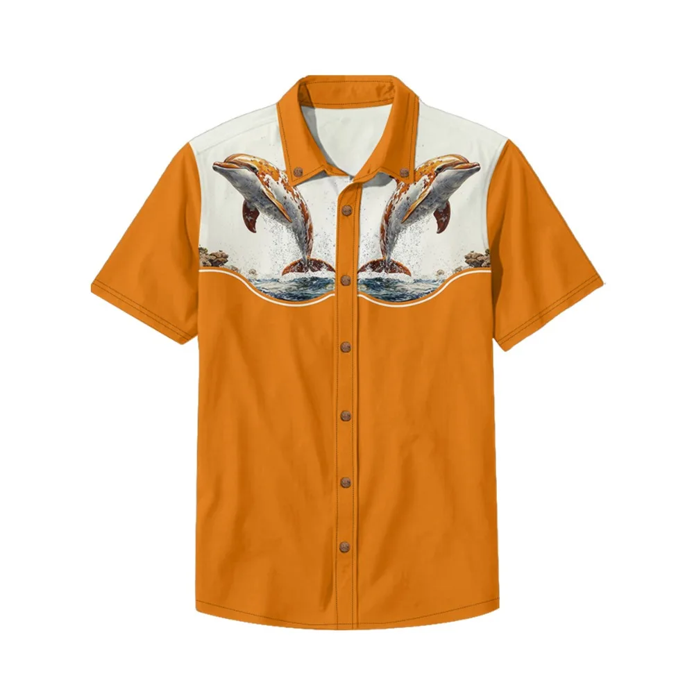 Kawaii Dolphins and Whales Print Cotton Shirts Men's Casual Button-Down Shirt Vintage Cowboy Hip Hop Streetwear Harajuku Tops