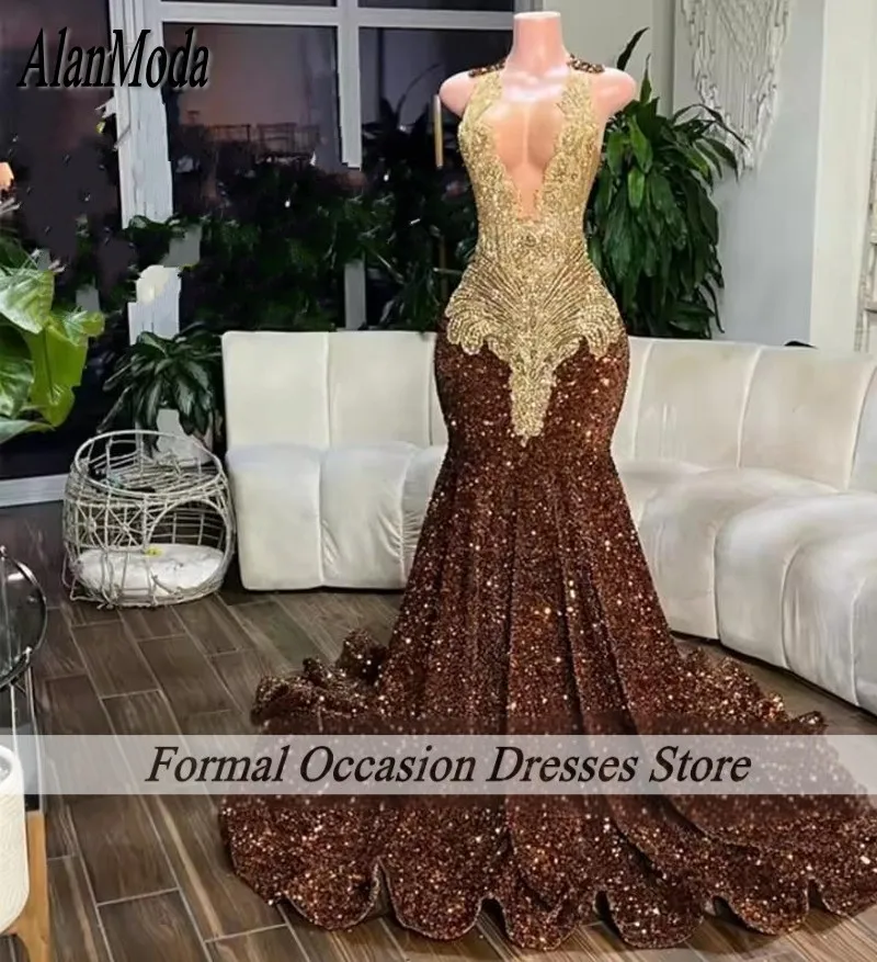 Glitter Brown Prom Dresses 2025 Sequins Crystal Mermaid Party Gowns Rhinestones Long Birthday Dress Black Girls Robe Customized