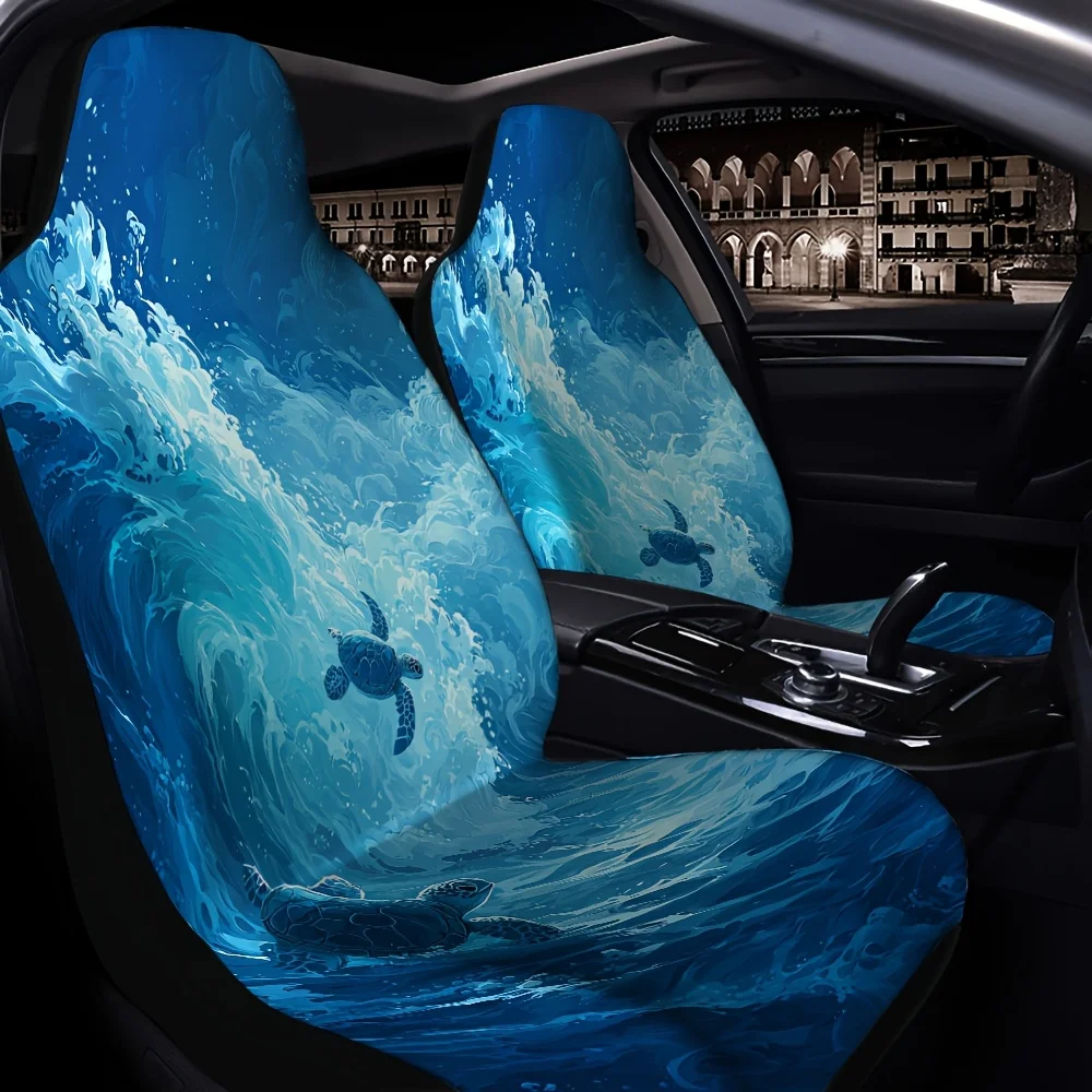 2pcs Turtle Silhouette Amidst Ocean Waves Printed Car Seat Covers, Suitable For Sedans, SUVs, MPVs, And Trucks. Durable Front Se