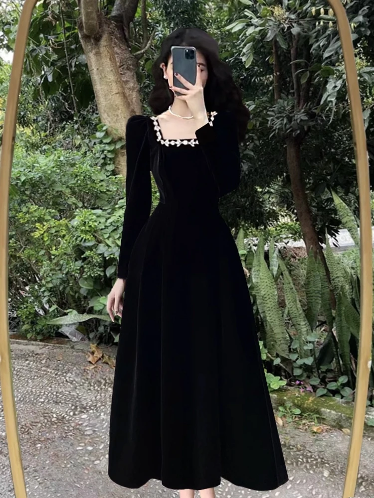 

French Light Luxury Velvet Dress For Women 2024 Spring Autumn New High End Slim Black Square Neck Long And Short Style Dresses