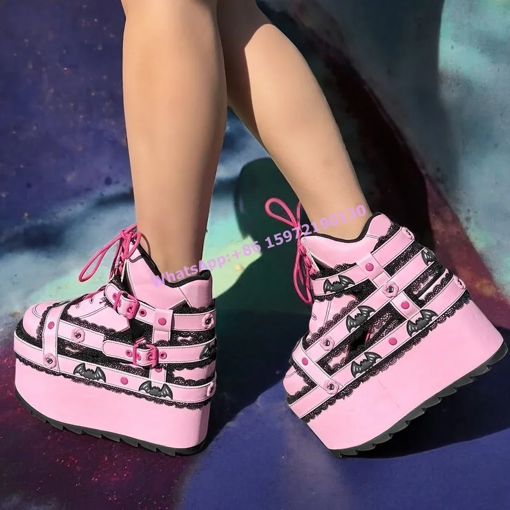 Lace Black Pink Belt Bat Boots Round Toe Thick Soled Platform Lace Up Sweet Style Hotties Ankle Boots Winter Women's Shoes