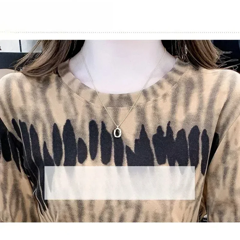 Women\'s Clothing Long Sleeve Round Neck Contrast Color Tie Dye Pullover T-shirt Spring Autumn Comfortable Fashionable Tops