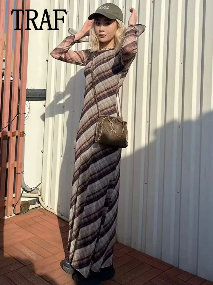 

2025 New Tulle Long Dresses for Women Fashion Check Mini Dress Woman Casual Long Sleeve Elegant Party Dresses