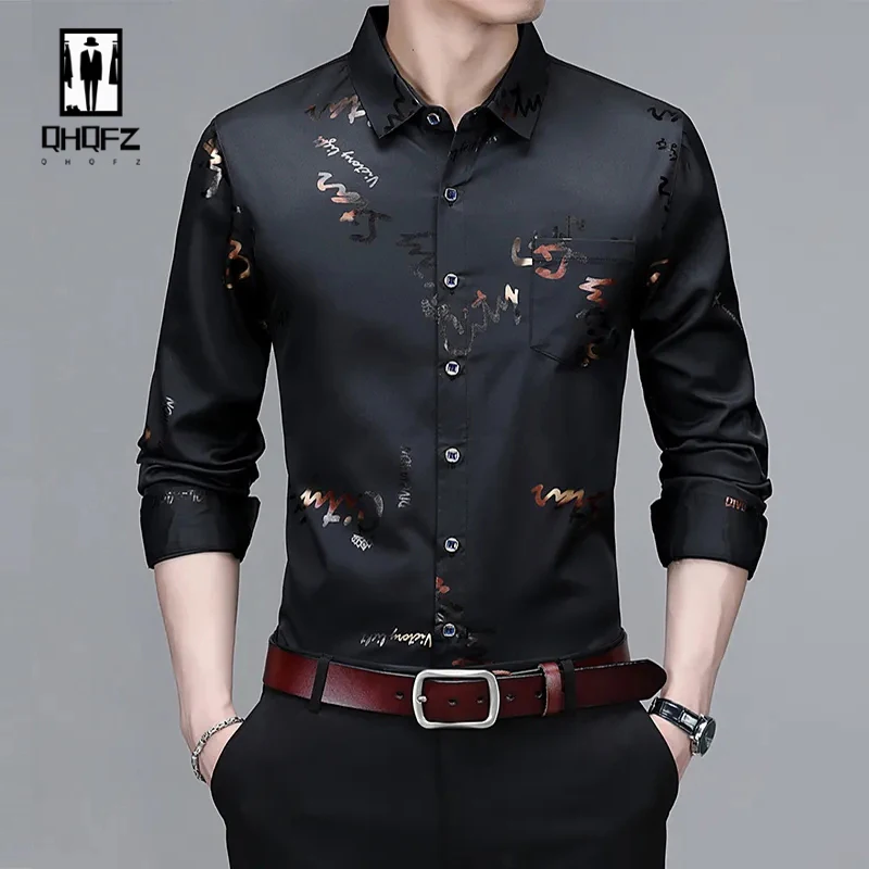 Camisa estampada de manga larga para hombres, Top de negocios y ocio, sin planchado y resistente a las arrugas, nuevo