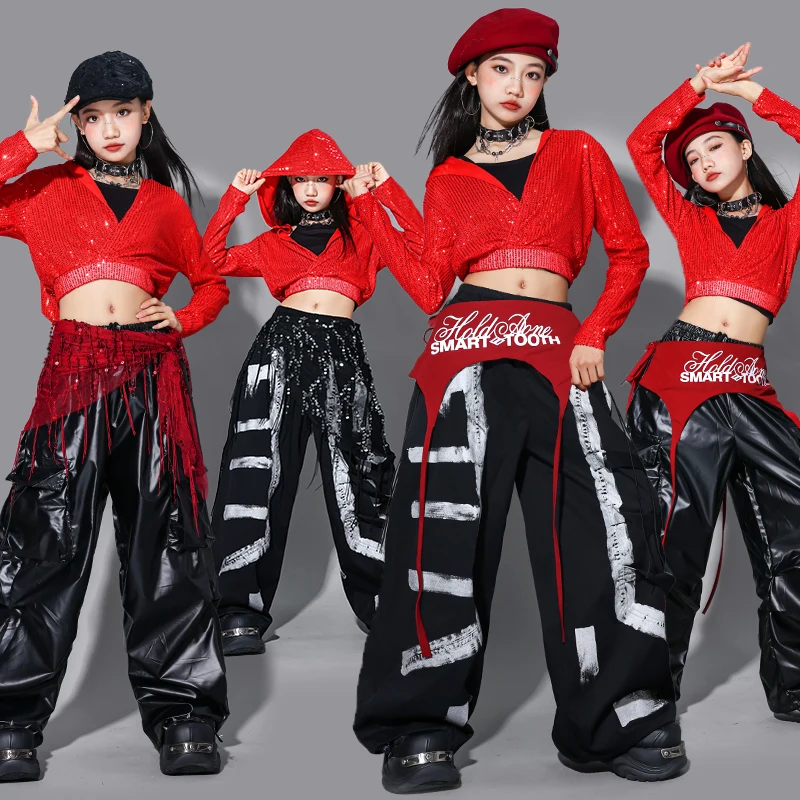 

K-pop наряды для девочек, блестящий укороченный топ, толстовки, штаны для уличных танцев, детская уличная одежда в стиле хип-хоп, джаз, комплекты одежды, детский групповой костюм для девочек