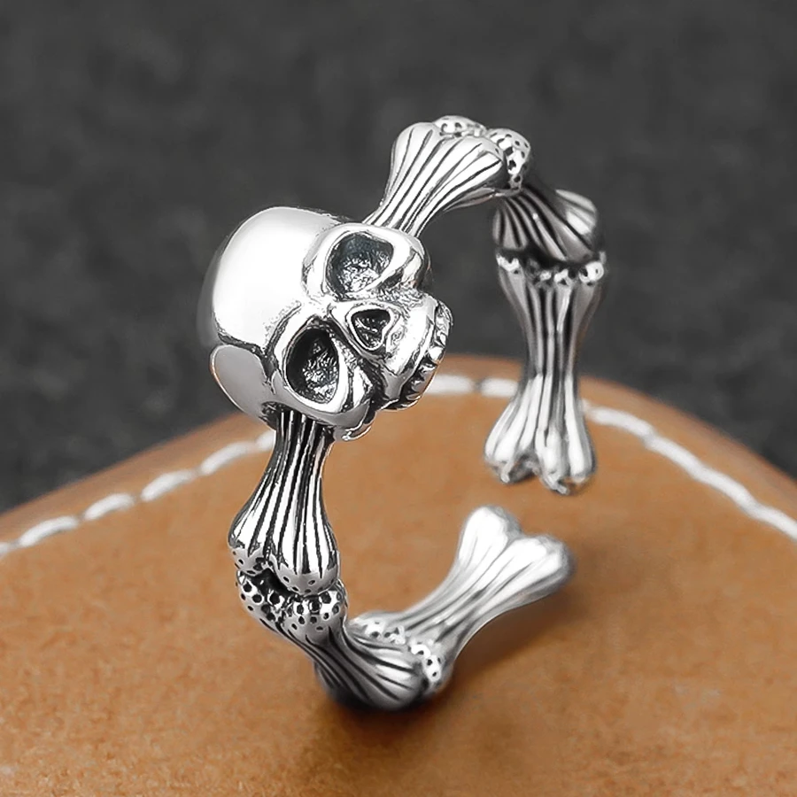 925 sterling silver trendy cool skull ring male and female personality dark Goth wind open ring special-interest design