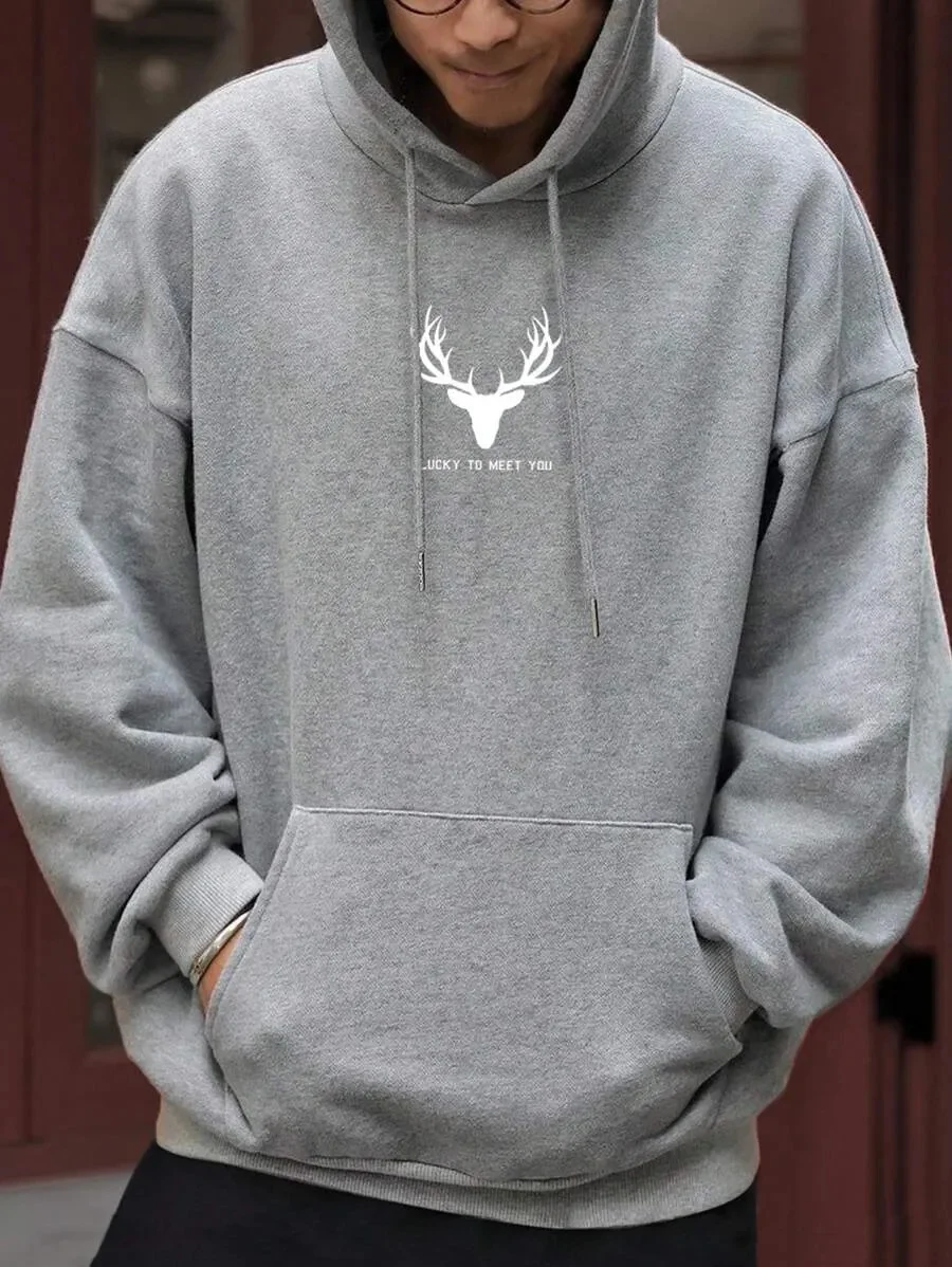

Pure Cotton Hoodie with Deer Head Print and "LUCKY TO MEET YOU" Text Ideal for Nature Lovers and Those Who Like Fresh Casual Sty
