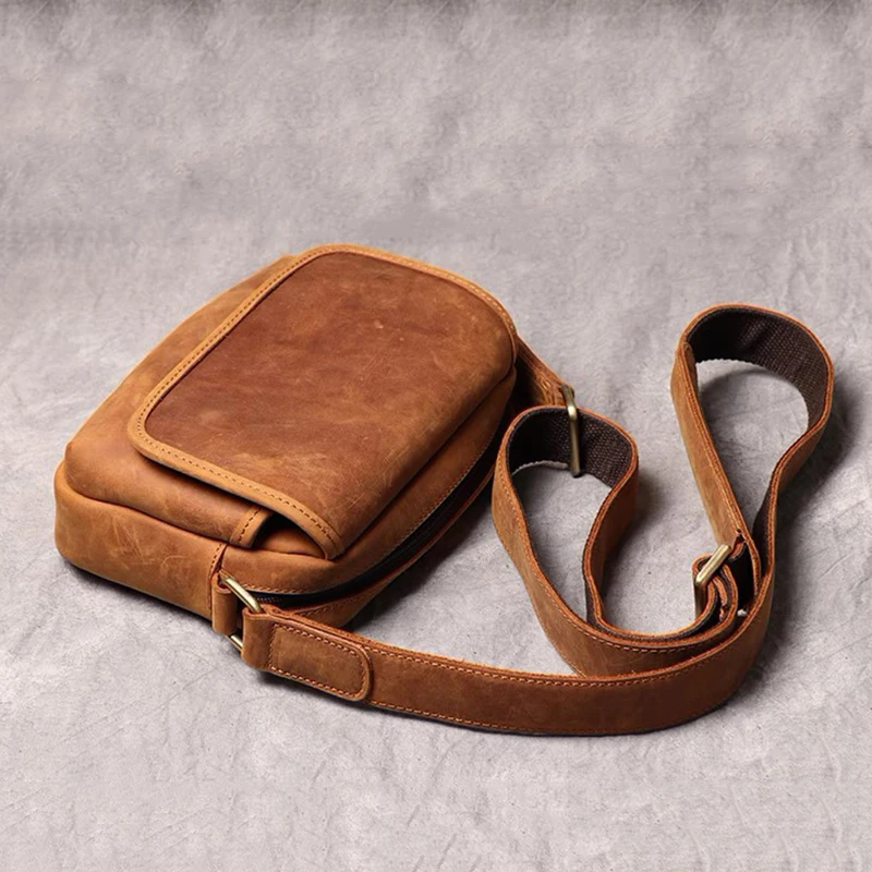 Imagem -05 - Bolsa de Ombro Couro Verdadeira Masculina Bolsa de Telefone Vintage com Zíper Diário Couro de Cavalo Louco Simples Estilinga Retrô