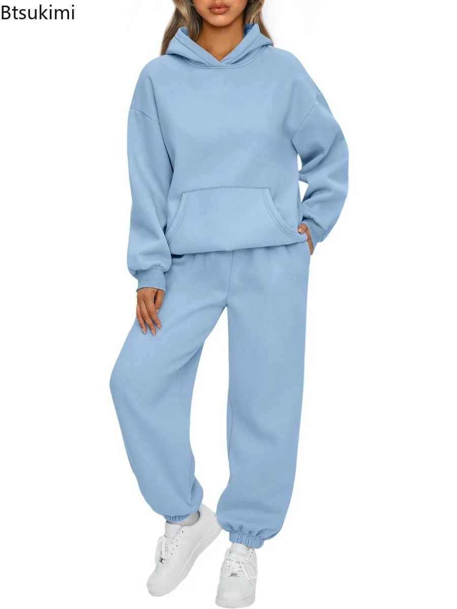 Conjunto de chándal cálido de gran tamaño para mujer, sudaderas con capucha a la moda y pantalones largos, conjunto informal de dos piezas con capucha y jersey liso