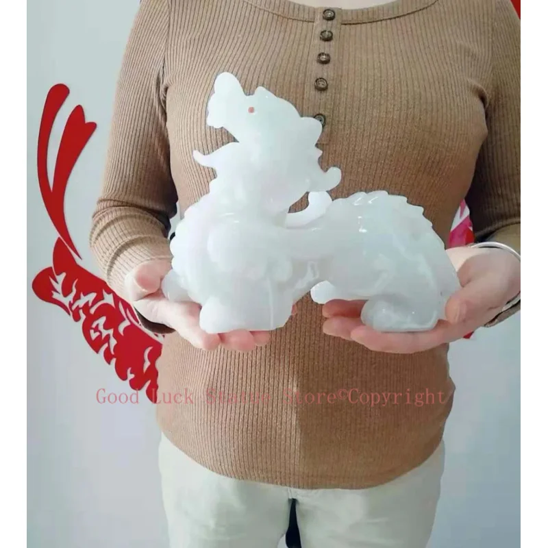 GOOD LUCK PI XIU home office business Shop FENG SHUI Talisman Money Drawing dragon PI XIU white jade Sculpture ART statue