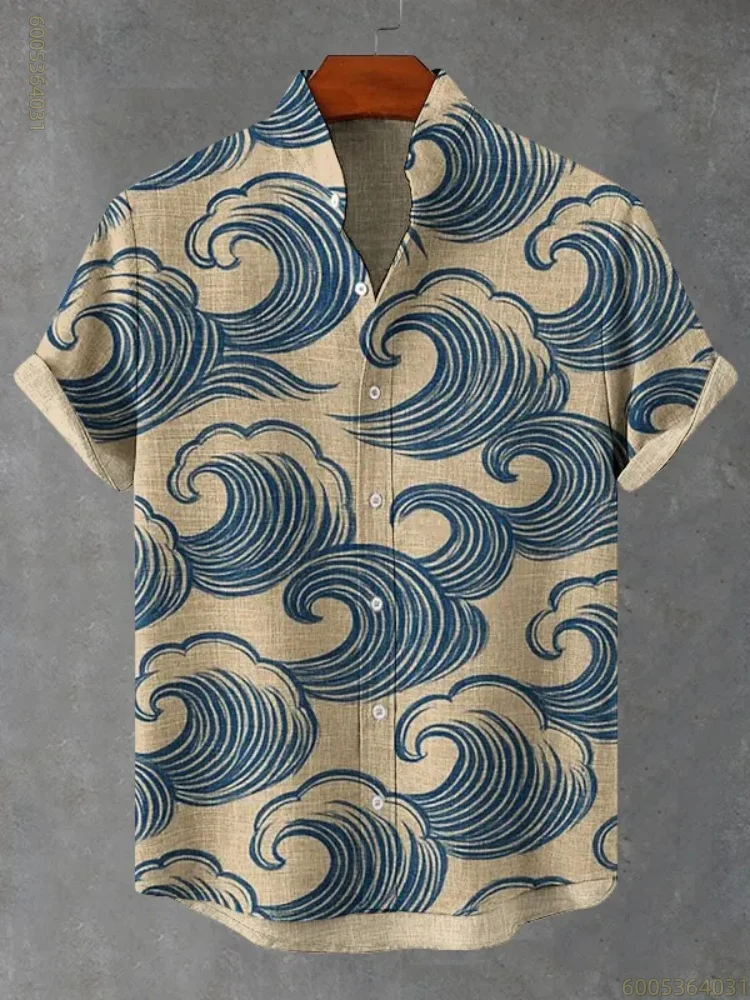 Men's wave print Hawaiian men's short-sleeved shirt for parties, vacations, comfortable, stylish, trendy, and versatile tops.