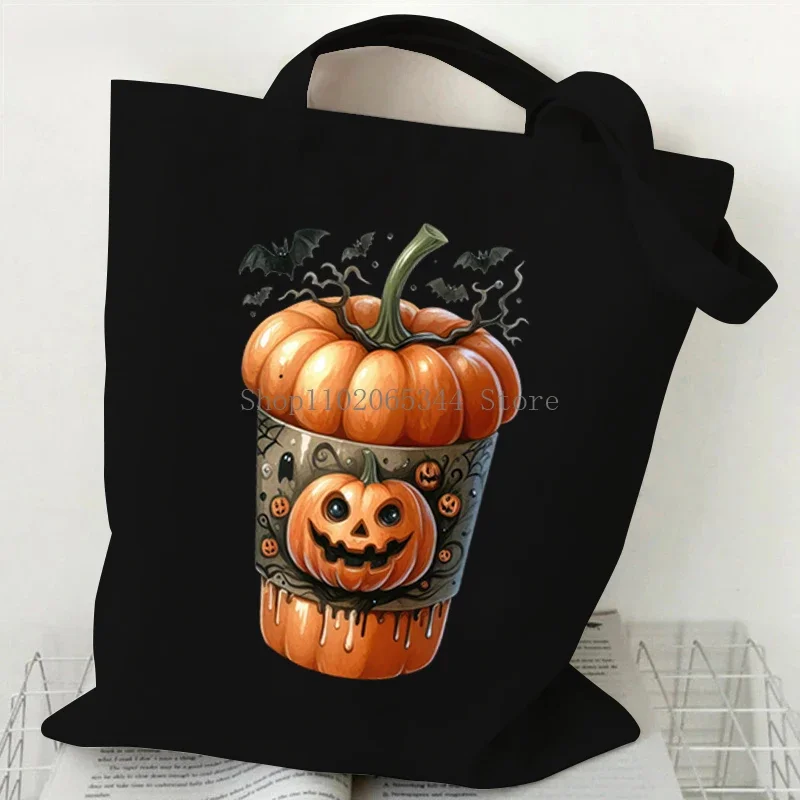 Halloween Tote Bag Pumpkin Skull Bat Bobo Tea Print Women Men Shoulder Bag Gothic Style Festival Teen Gift Women Fashion Handbag