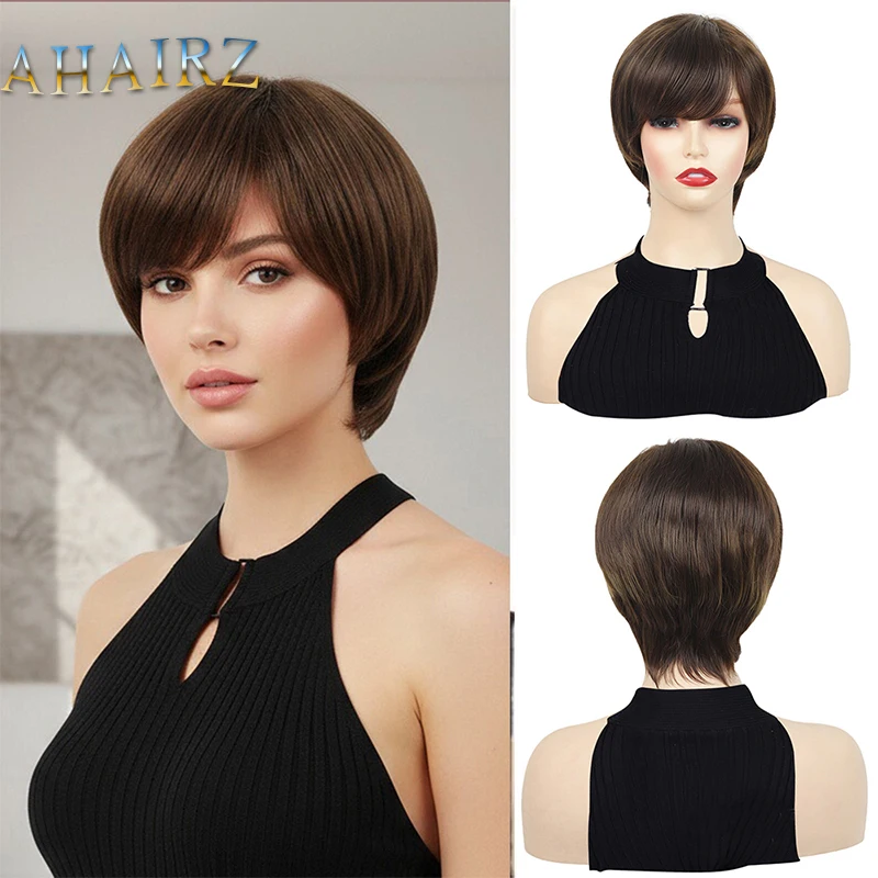 

Синтетические парики Короткие коричневые прямые парики с боковой челкой для женщин Парик для повседневного ношения Высокотемпературное волокно