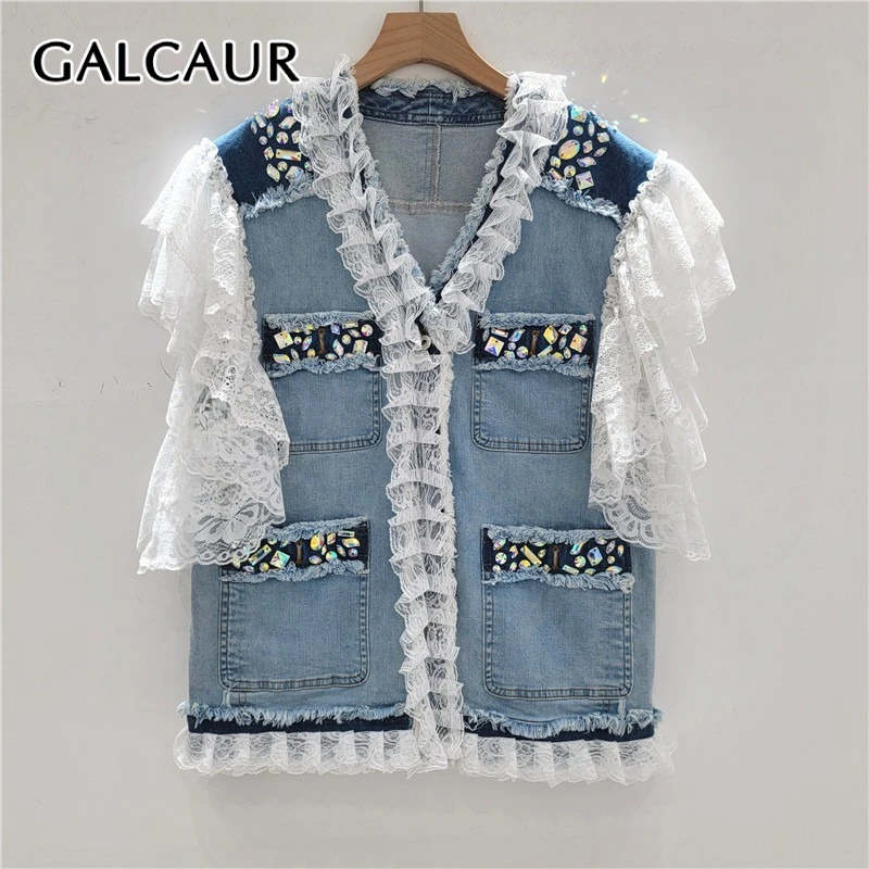 

GALCAUR хитовый цвет сращенный кружевной модный ковбойский жилет для женщин с v-образным вырезом без рукавов в стиле пэчворк из бисера темпераментный жилет женский стиль новый