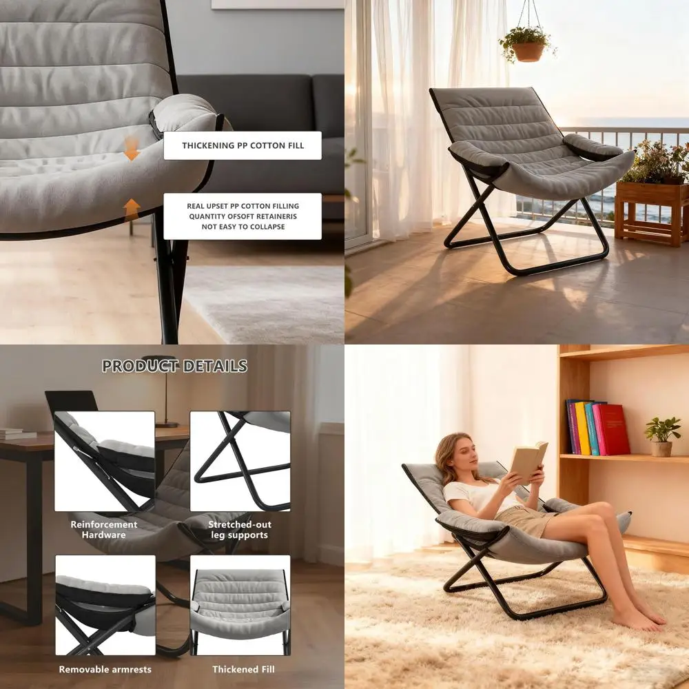 

Серое складное кресло с мягкой подкладкой, 3-позиционная регулировка и подставка для ног, идеально подходит для дома, офиса, использования в помещении и на открытом воздухе.