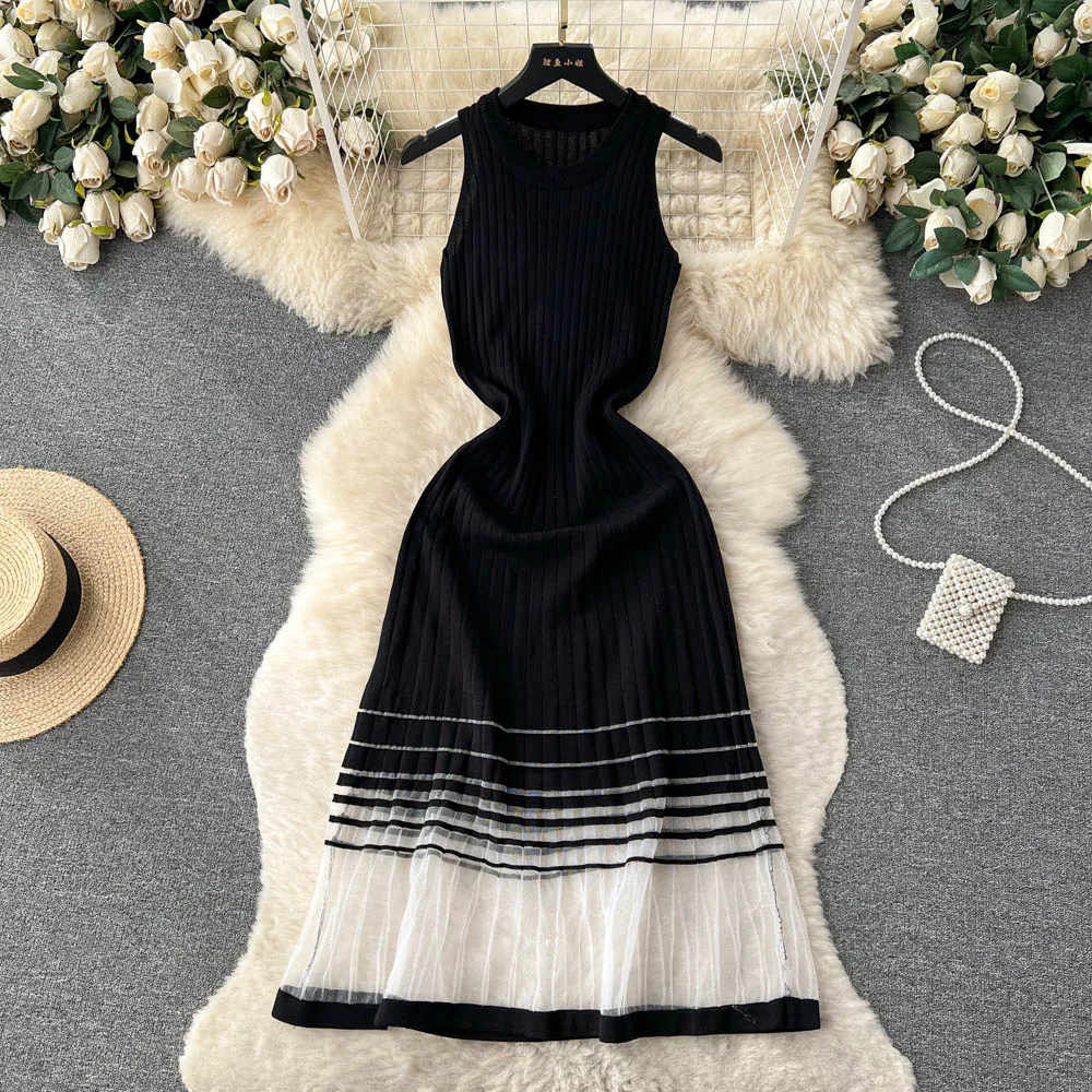 Fashion Patchwork Knitted Long Sundress Women Sleeveless Mesh Elastic Bodycon Dress 2024 Streetwear A Line Midi Dress