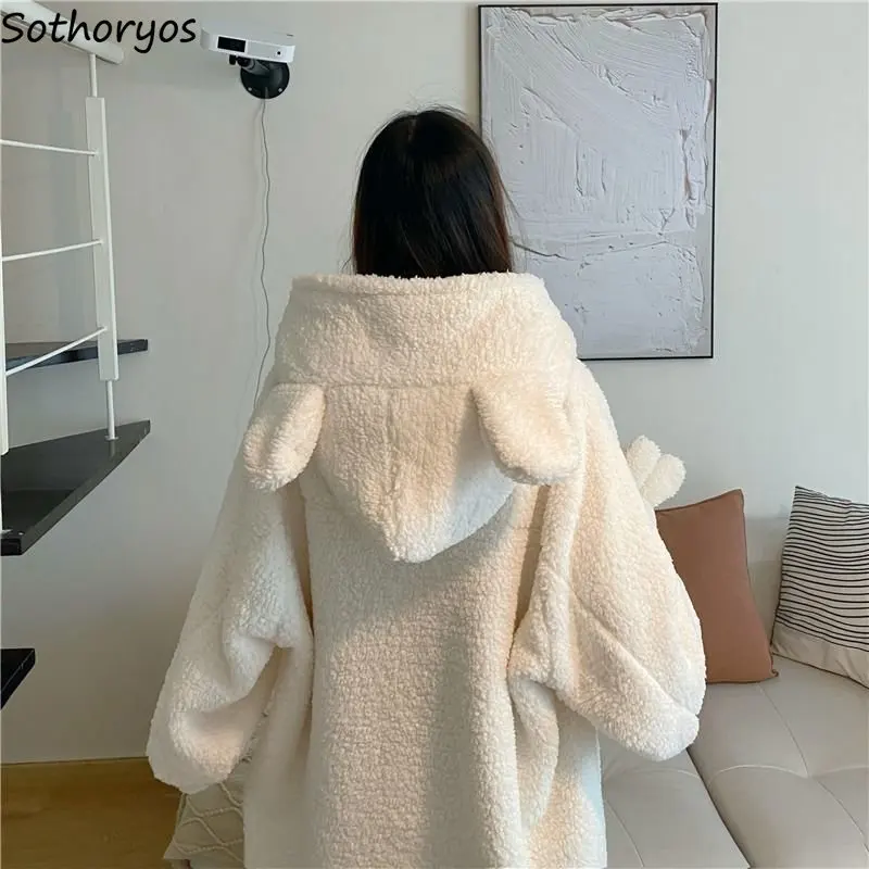 

Cartoon Lovely Hooded Sleepshirts Women Fluffy Sweet Girls Warm Thicken Winter Loose Simple Pockets Leisure Sleepwear Ins Trendy
