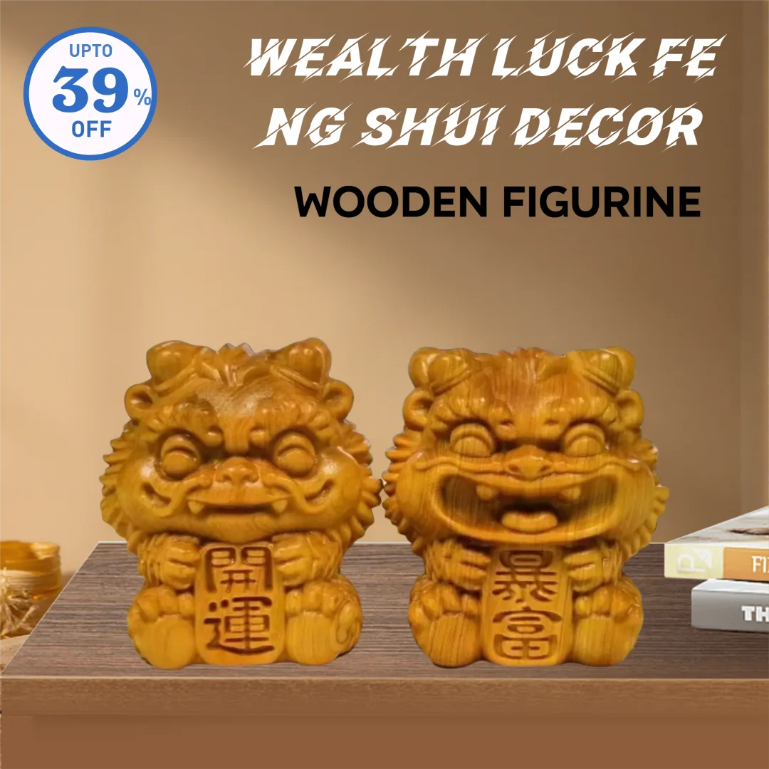 Natural Solid Wood Feng Shui Little Lion Lucky Mini Statue Cute Home Room Office Car Decorations  Featured Mascot A pair