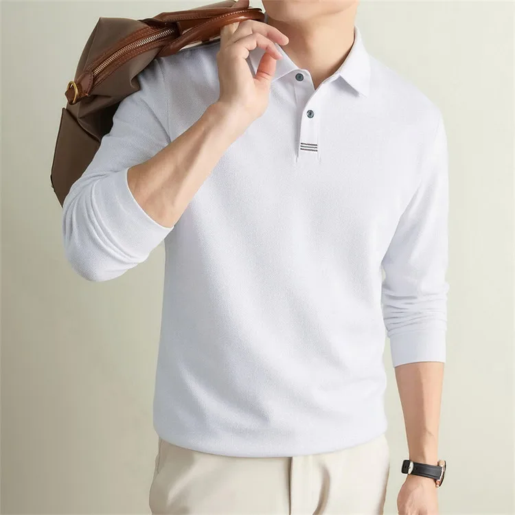 100% Mercerisierte Baumwolle Einfarbiges Business-Casual-Oberteil Herren Old Money Style Langarm-Poloshirt – Detail 34