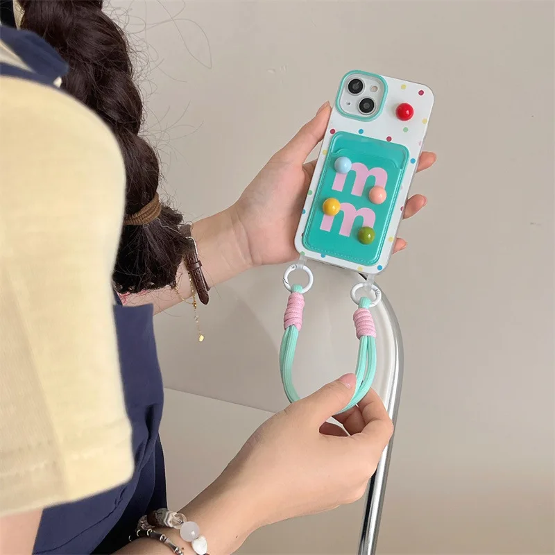 Card bag color polka dot three-dimensional M-bean phone case with hanging rope for iPhone 11, 12, 13, 14, 15Pro Max