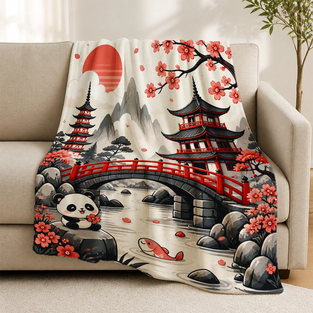 Luxury Panda Panda Chinese Style Pagoda Bridge Sakura Blossom Sofa Blanket Throw Tapestry Art Decor