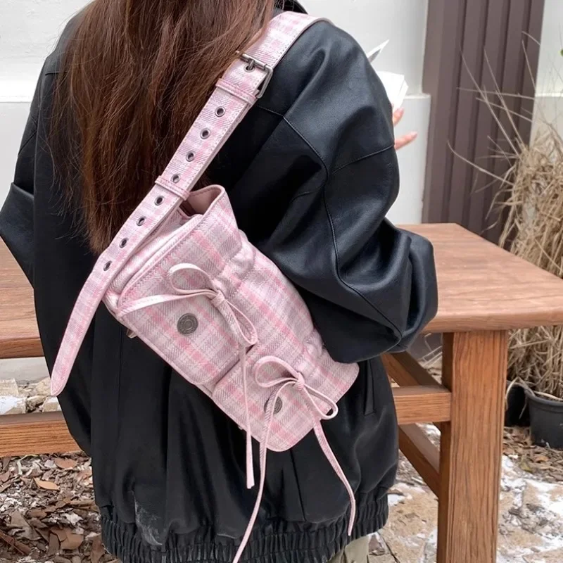 MBTI Plaid Pink Womens Shoulder Bag Pleated Casual Sweet Cute New Fashion Leather Handbag Literary Exquisite Designer Armpit Bag