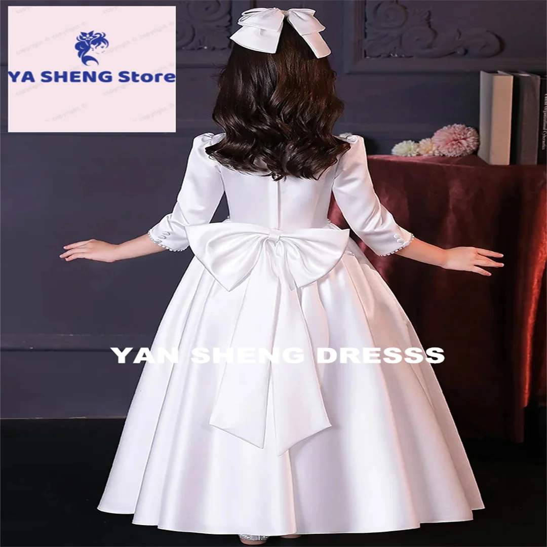 Customized Wedding Elegant Pearls Puffy With Bow Princess Birthday Flower Girl Dress For Party First Communion Dress Ball Gowns
