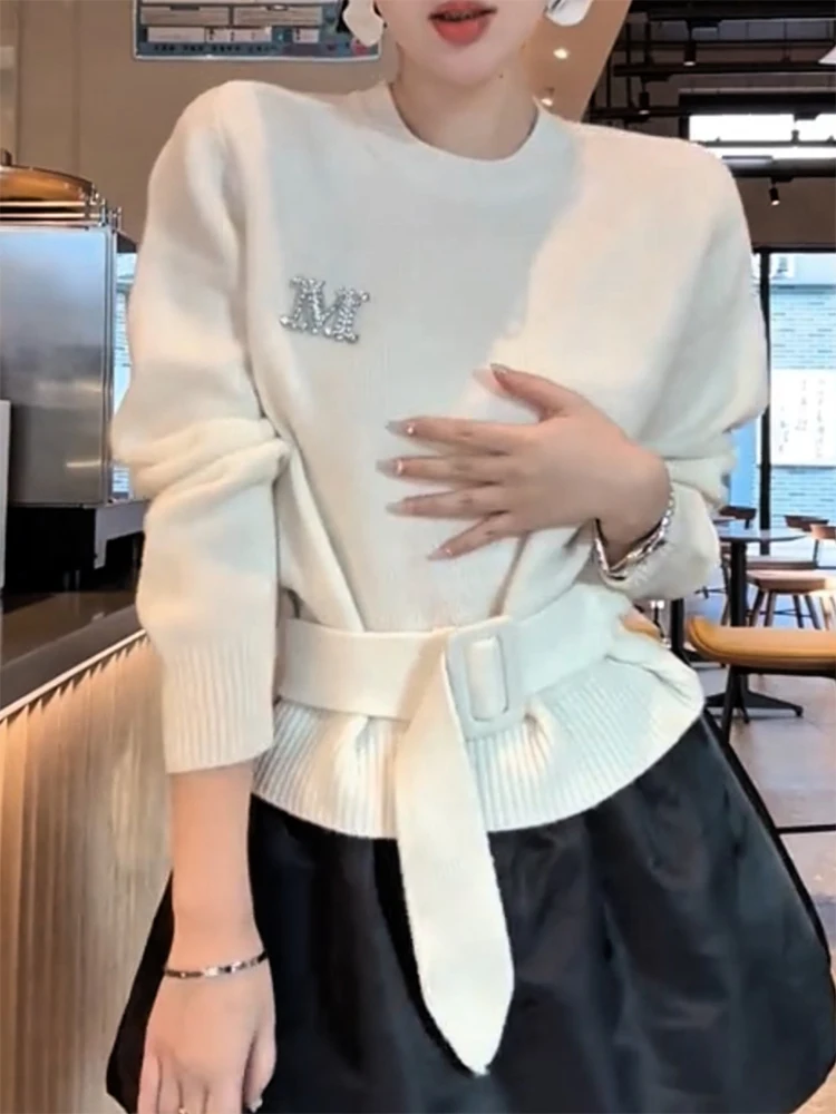 

Korean Design Embroidered round Ne Waist-Cinching Sweater Autumn Winter New Sle plus Size Ele Versatile Slimming Top