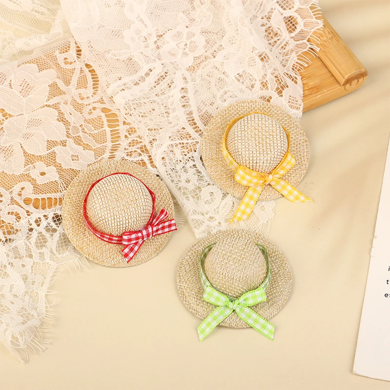 2Pcs Miniature Straw Hat Mini Doll Straw Hats With Bow Hat Doll House Ornament Hand Weaved Dollhouse Accessories