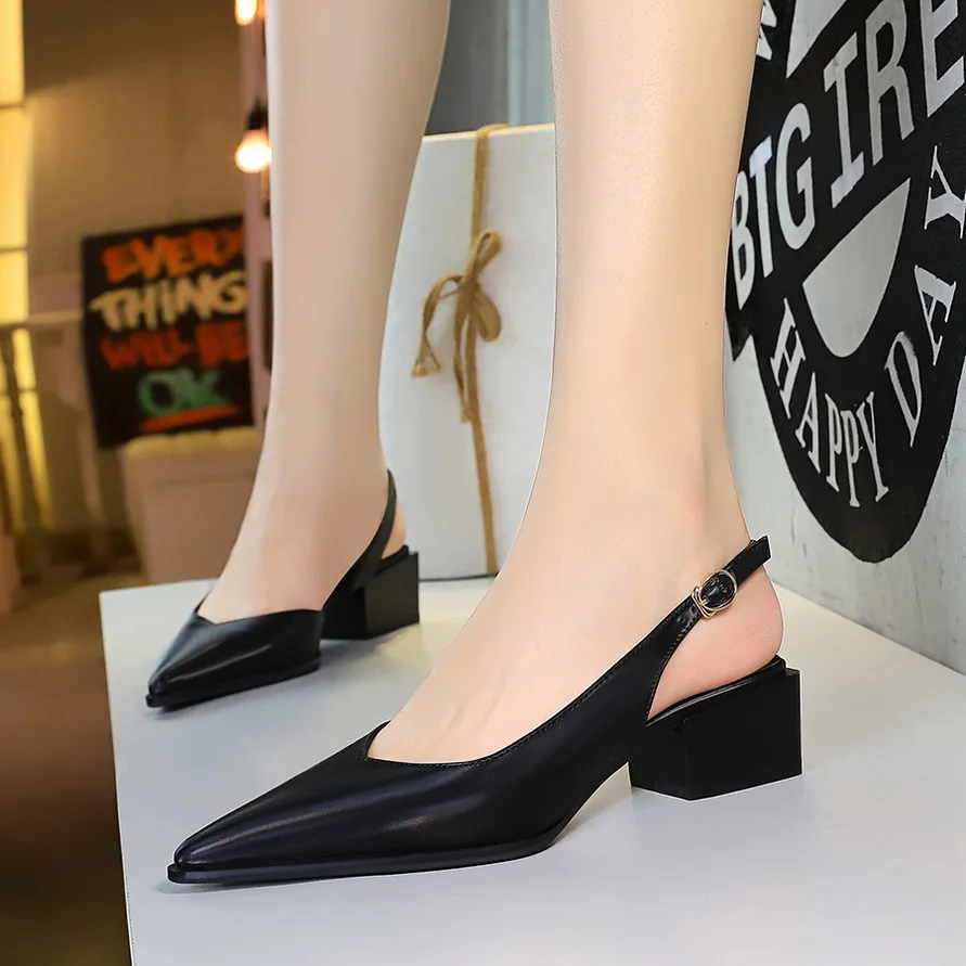 

BIGTREE Shoes New Women Pumps Pointed Middle-high heeled shoes Hollow out hook strap women's sandals Thick with Ladies shoes