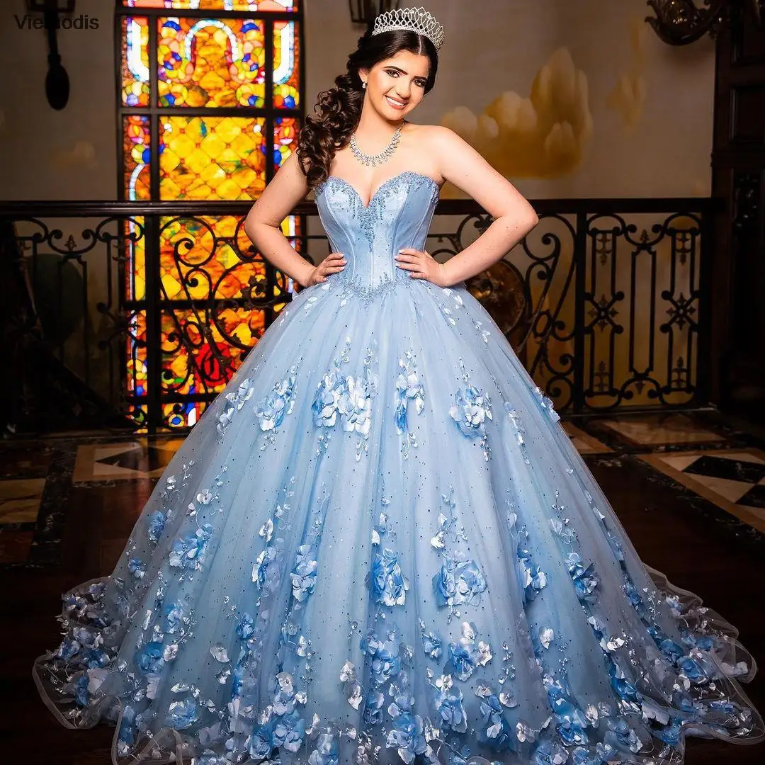 

New Arrival Light Blue Sweet 16 Ball Gown Quinceañera Dresses Beaded 3D Flowers Sweetheart Vestido De 15 Anos Quinceanera 2021