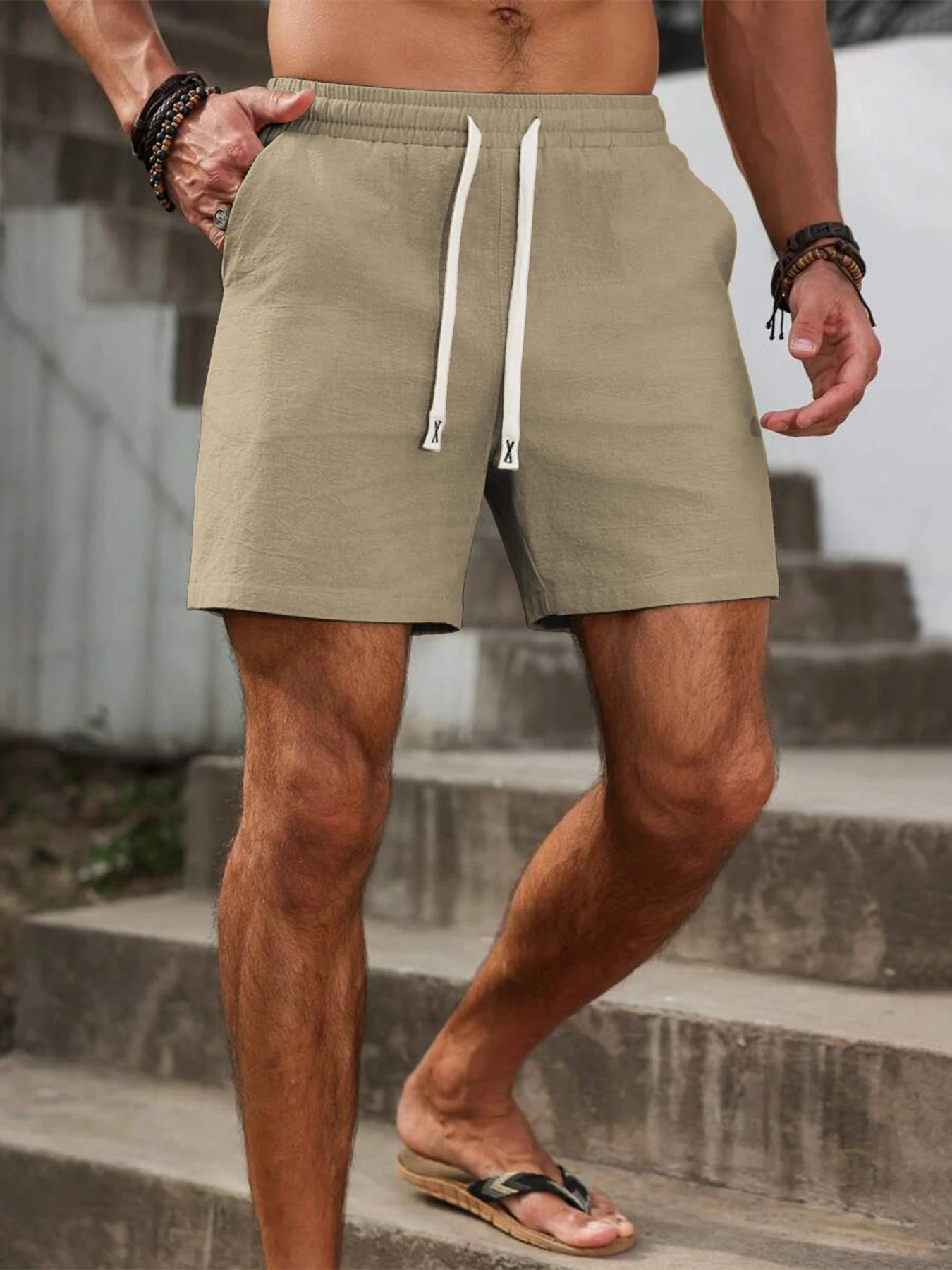Sommerliche, leichte Leinen-Hose für Herren, locker geschnitten, Freizeitlook, Fünf-Zoll-Länge, atmungsaktive Baumwoll-Leinen-Shorts für Strand und Sport. – Detail 13