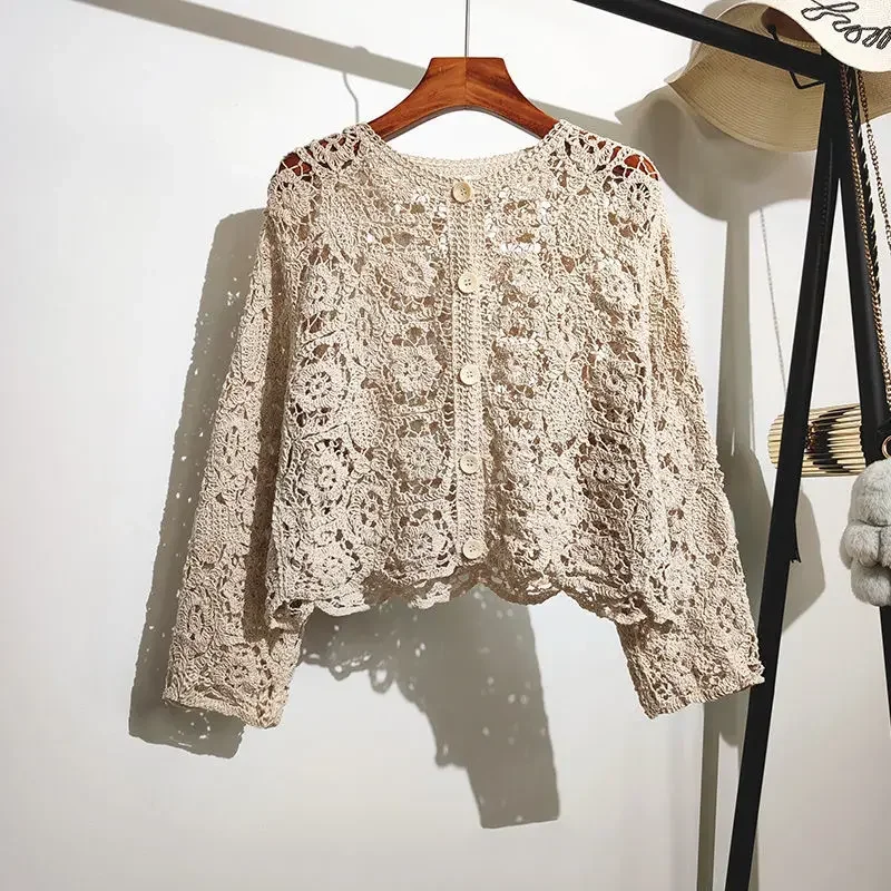 2024 Lace Small Shawl Cotton Cardigan female spring and summer o neck long sleeve solid casual Versatile Hollow Cardigan Female