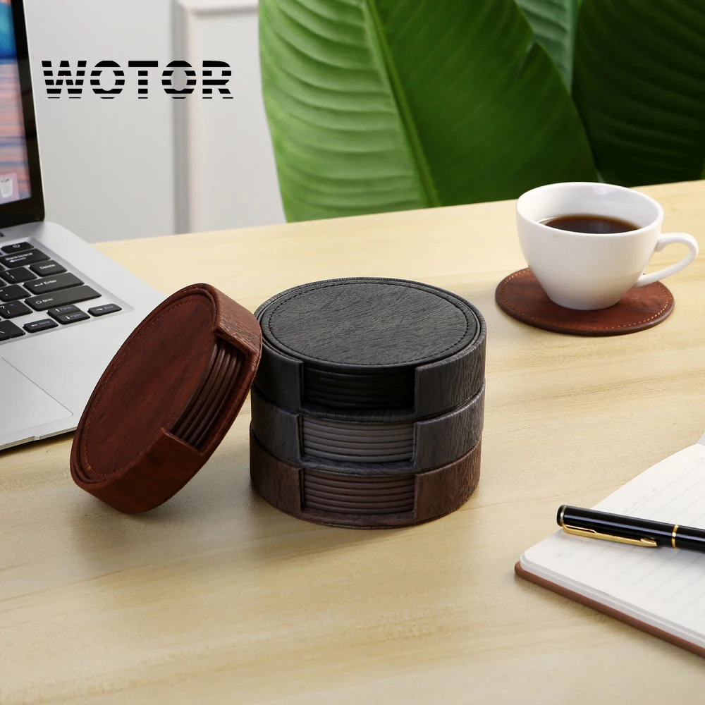 

WOTOR 6PCS Wood Grain Leather Coasters Waterproof Heat Resistant Non Stick Placemats Tea Coffee Cup Home Bar Counter Home Decor